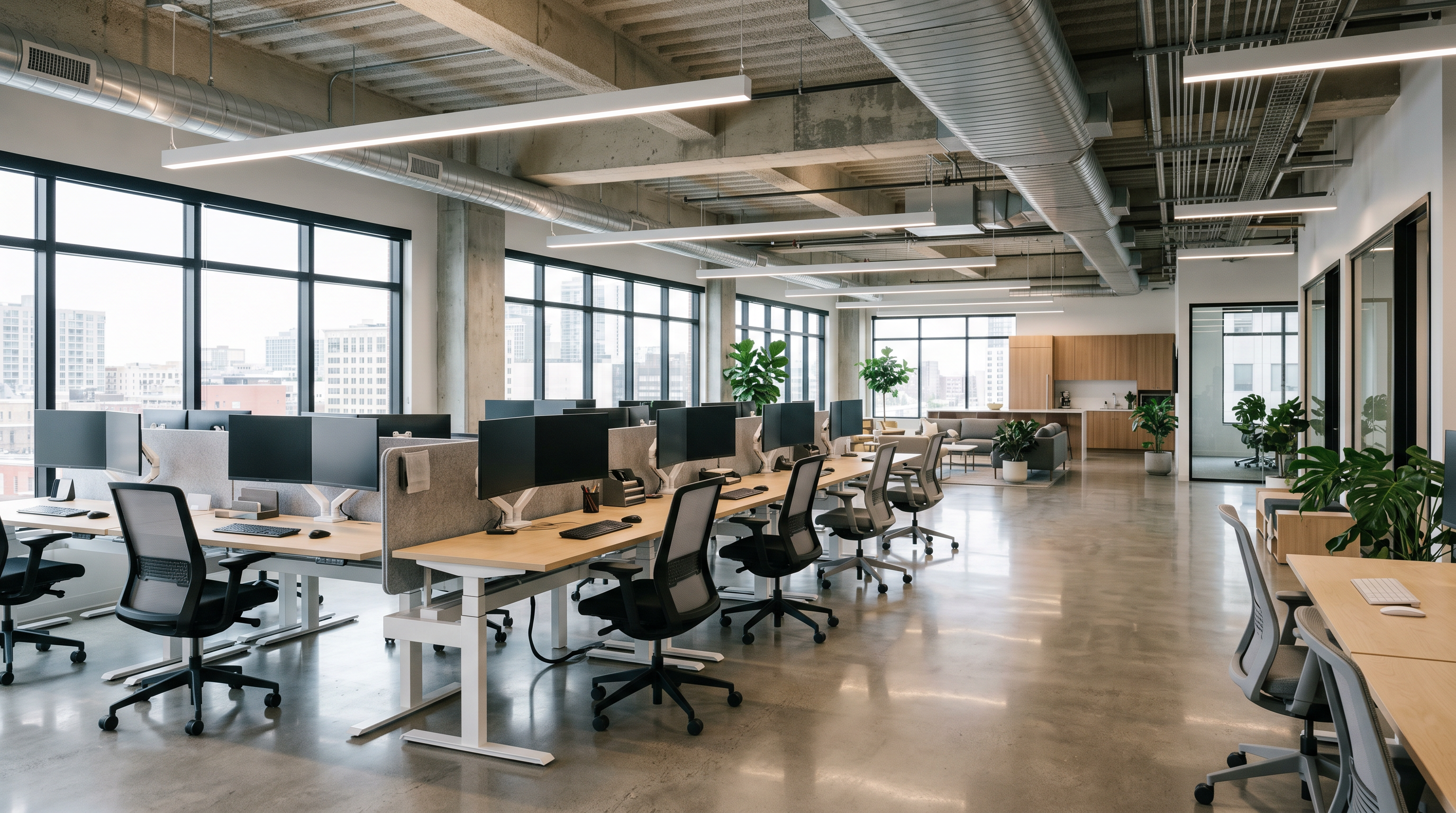 Open plan office with sit-stand desks and systems furniture
